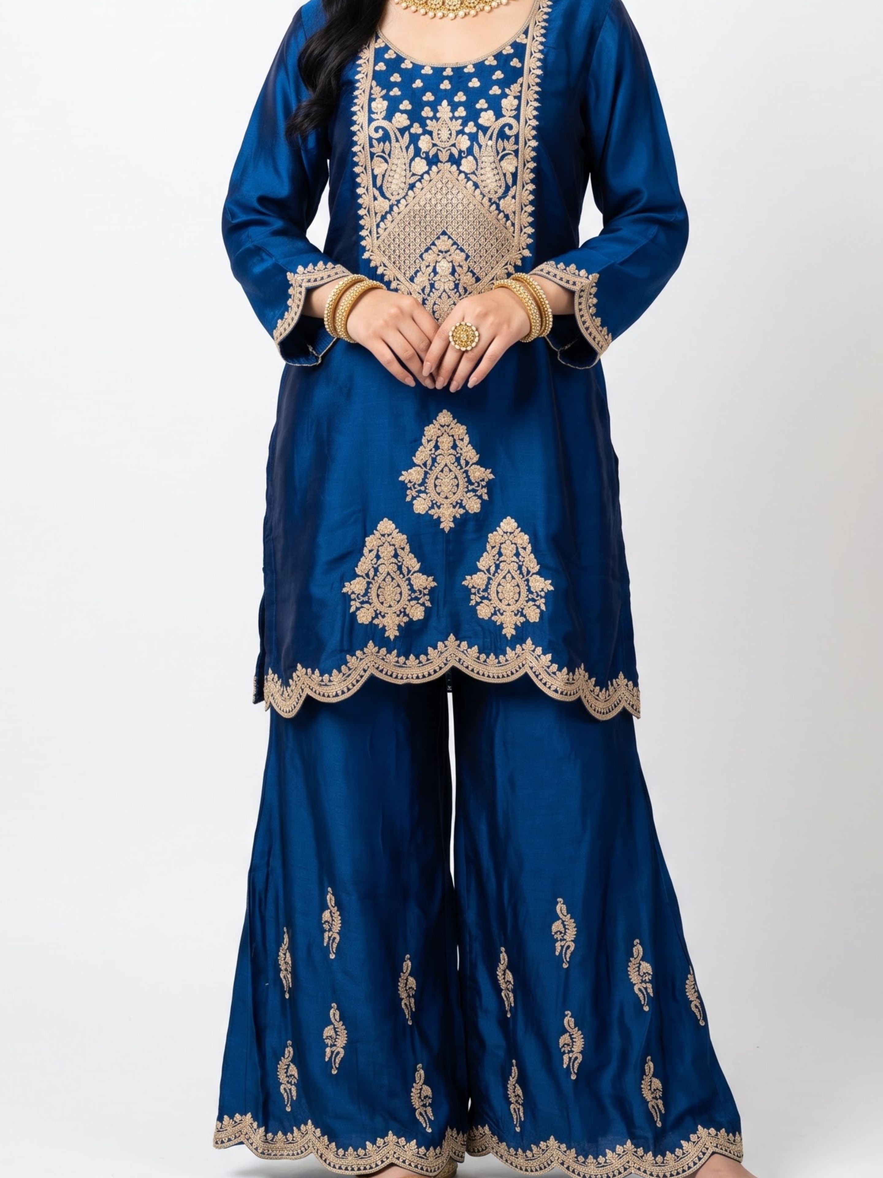 Blue Satin Crepe Indo Western with Zari, Gota and Jarkan Embroidery 2
