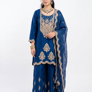 Blue Satin Crepe Indo Western with Zari, Gota and Jarkan Embroidery 3