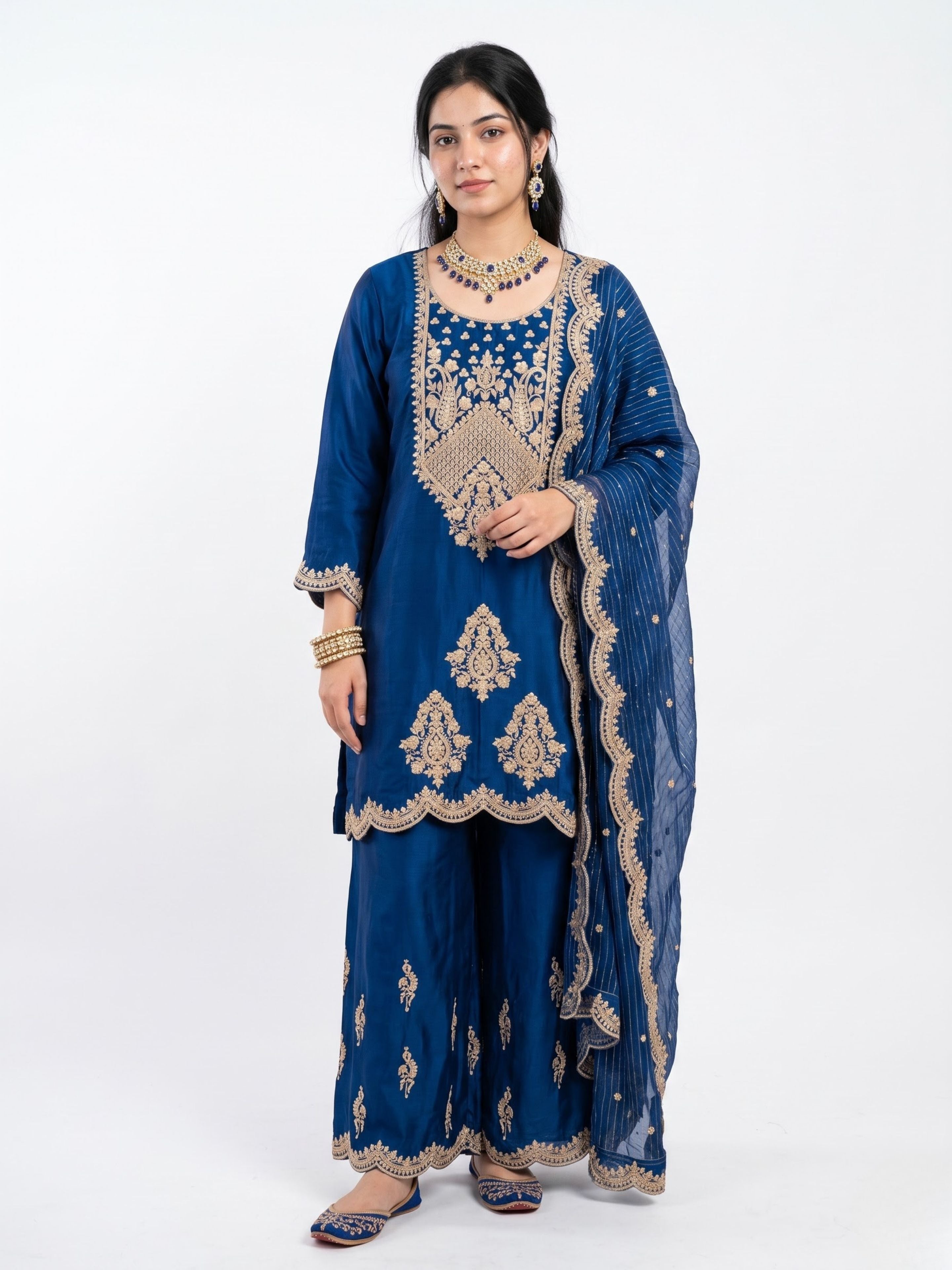 Blue Satin Crepe Indo Western with Zari, Gota and Jarkan Embroidery 3