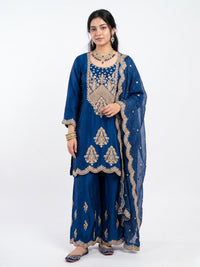 Blue Satin Crepe Indo Western with Zari, Gota and Jarkan Embroidery