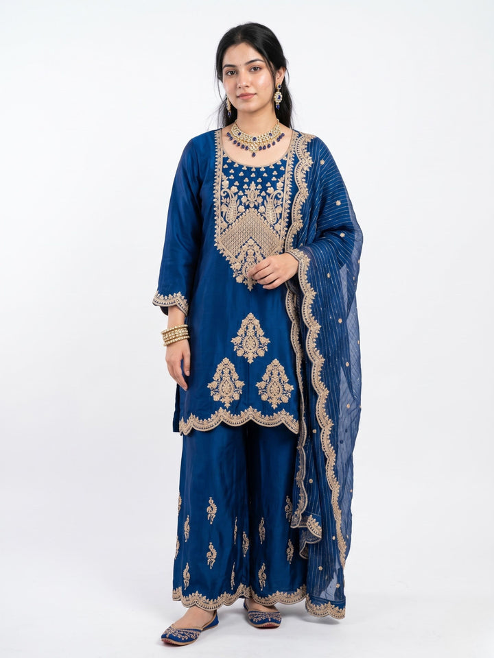 Blue Satin Crepe Indo Western with Zari, Gota and Jarkan Embroidery 3