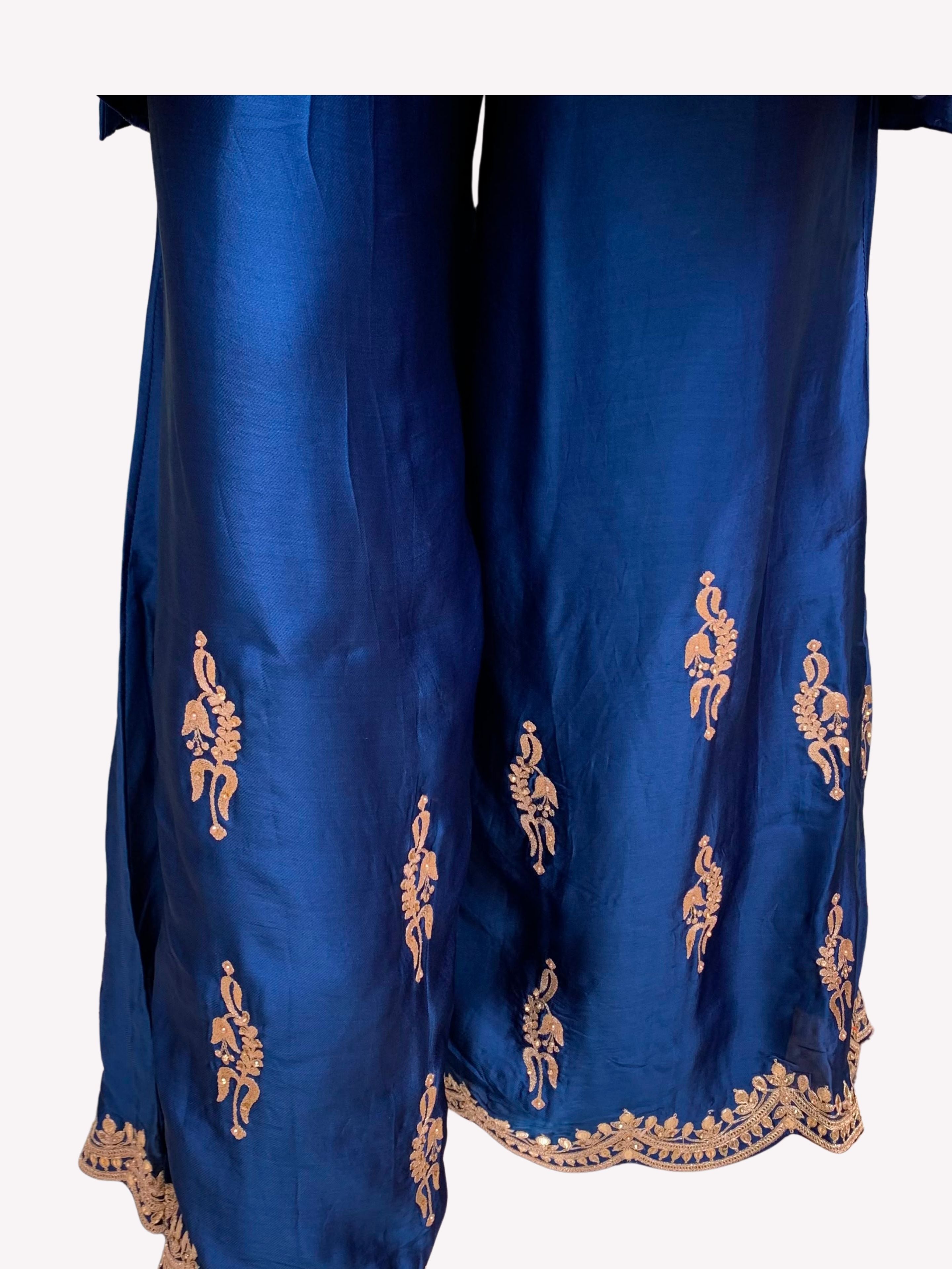 Blue Satin Crepe Indo Western with Zari, Gota and Jarkan Embroidery 4