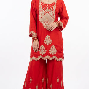 Rust Satin Crepe Indo Western with Zari, Gota and Jarkan Embroidery 2