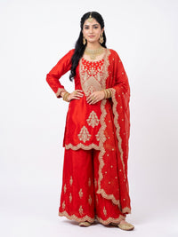 Rust Satin Crepe Indo Western with Zari, Gota and Jarkan Embroidery