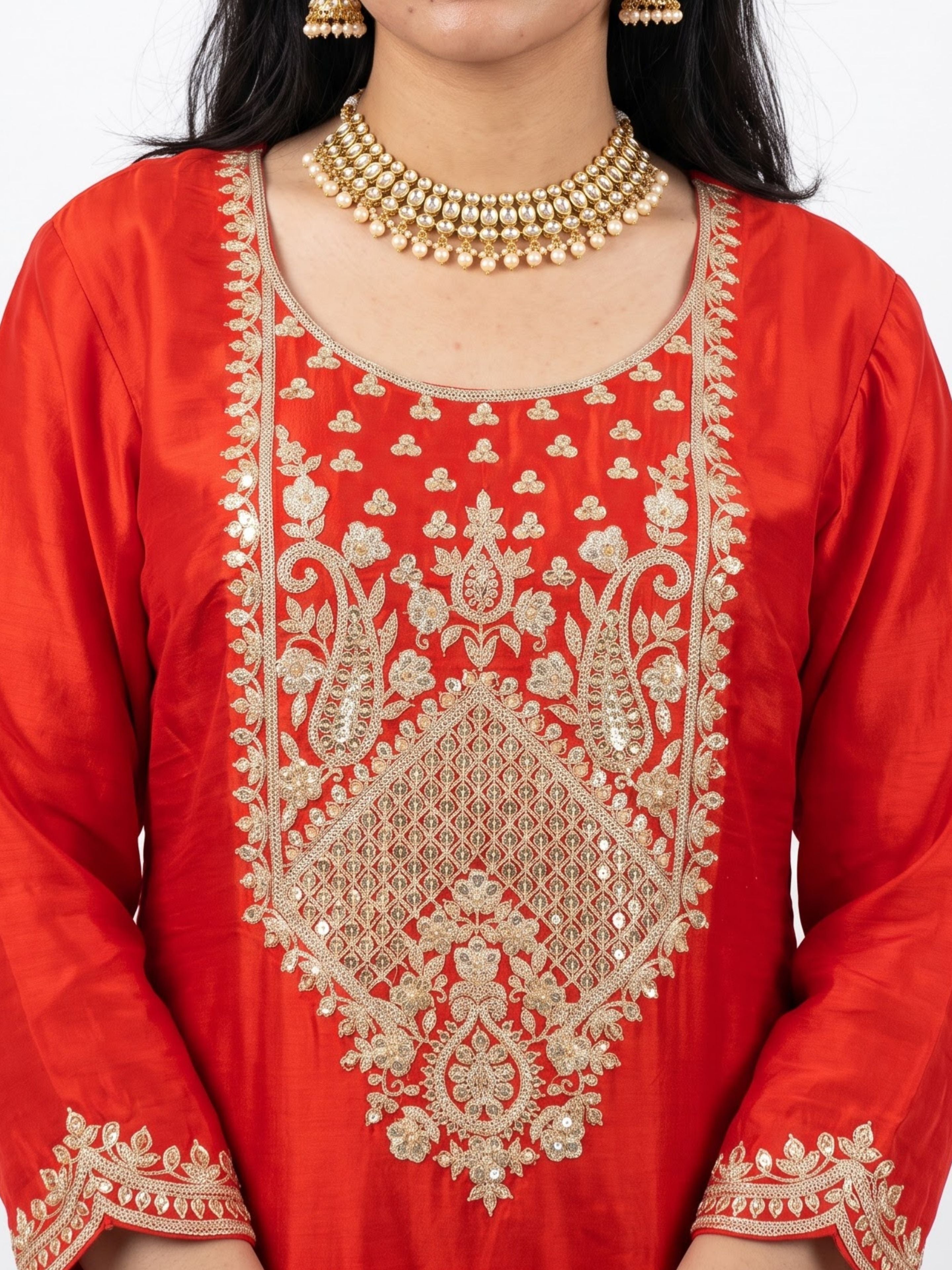 Rust Satin Crepe Indo Western with Zari, Gota and Jarkan Embroidery 6