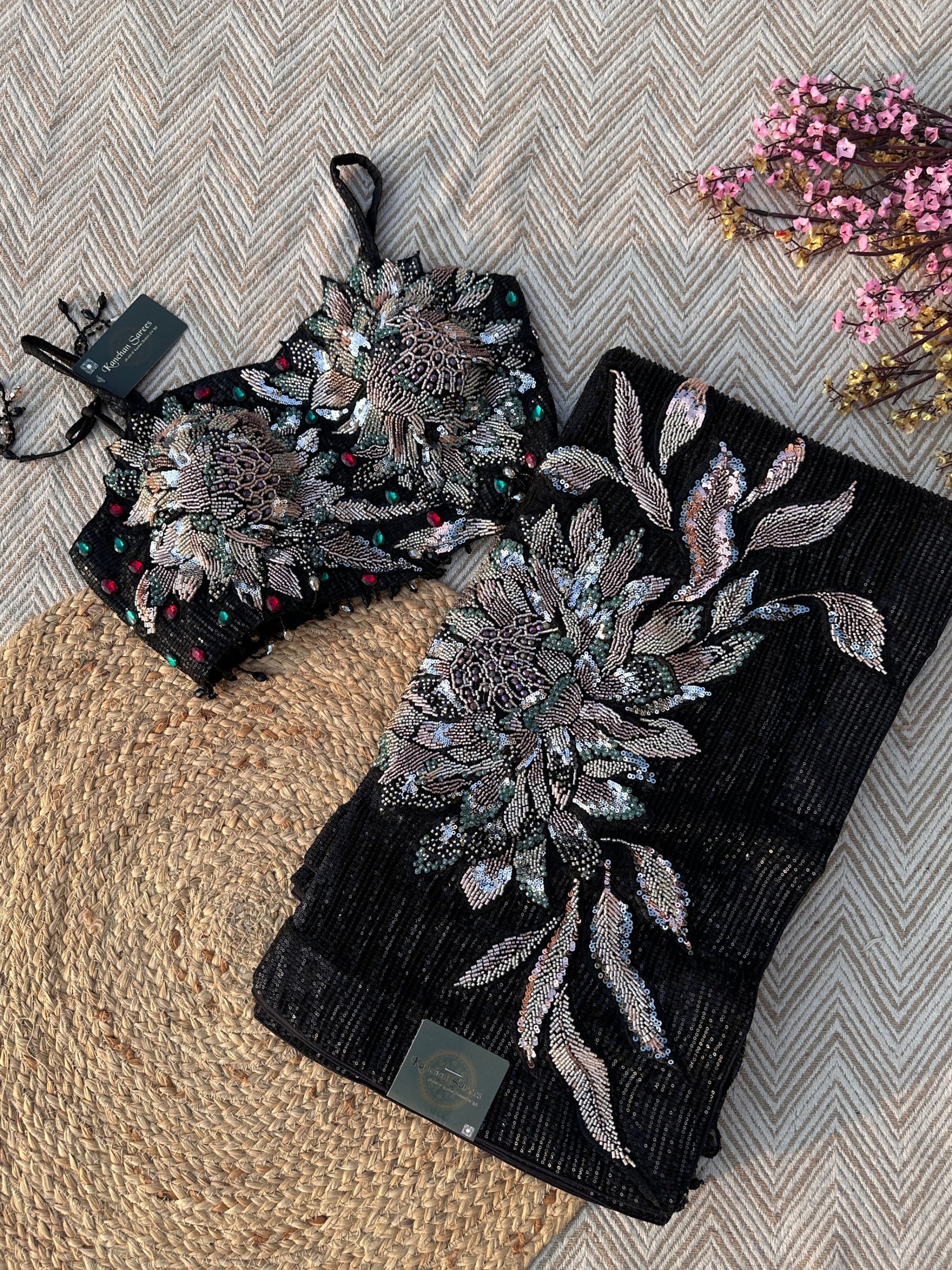 Black Lycra Saree with Blouse with Cutdana, Sequins and Stone Embroidery 1
