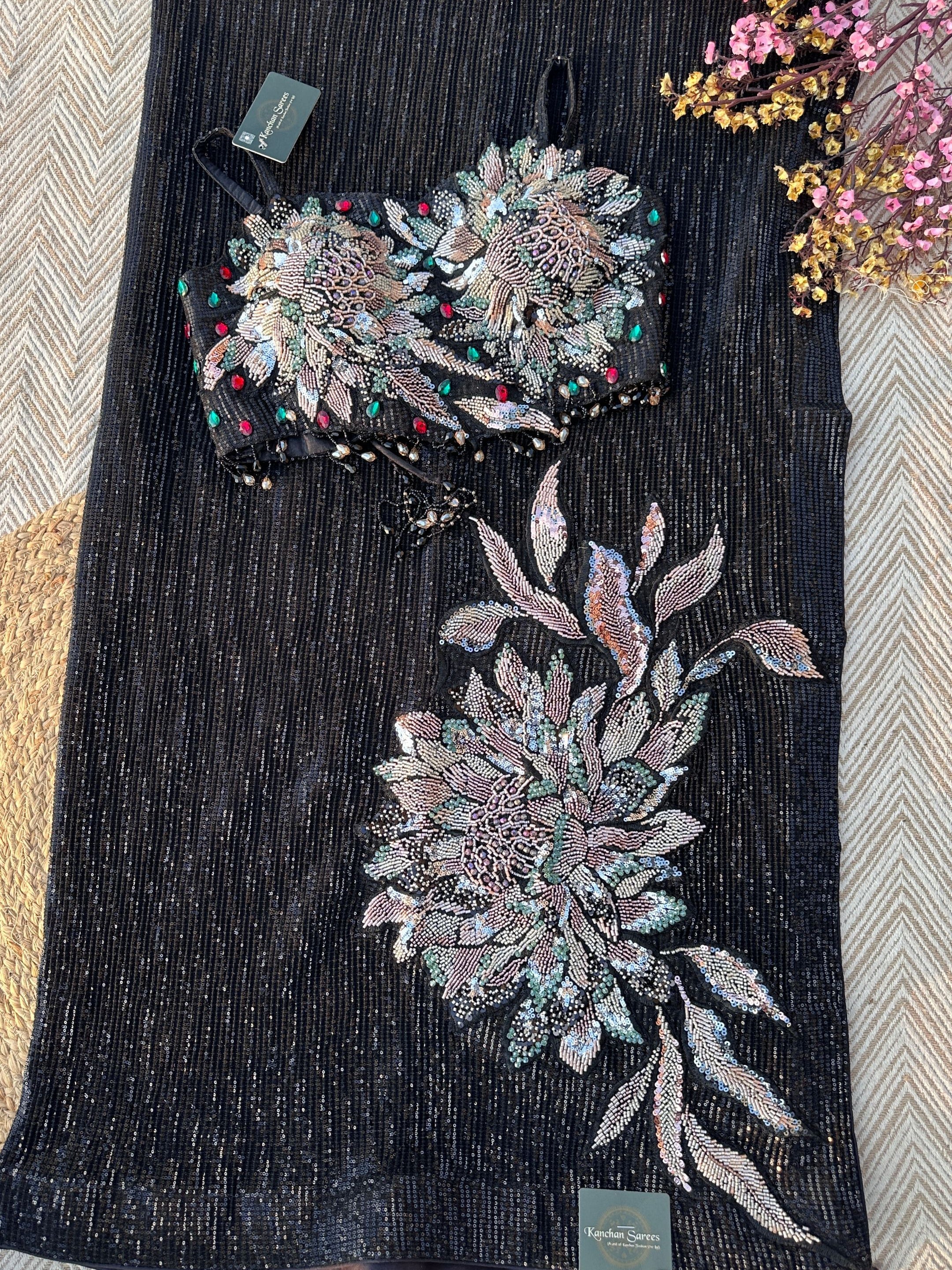 Black Lycra Saree with Blouse with Cutdana, Sequins and Stone Embroidery 10