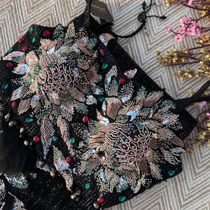 Black Lycra Saree with Blouse with Cutdana, Sequins and Stone Embroidery 2