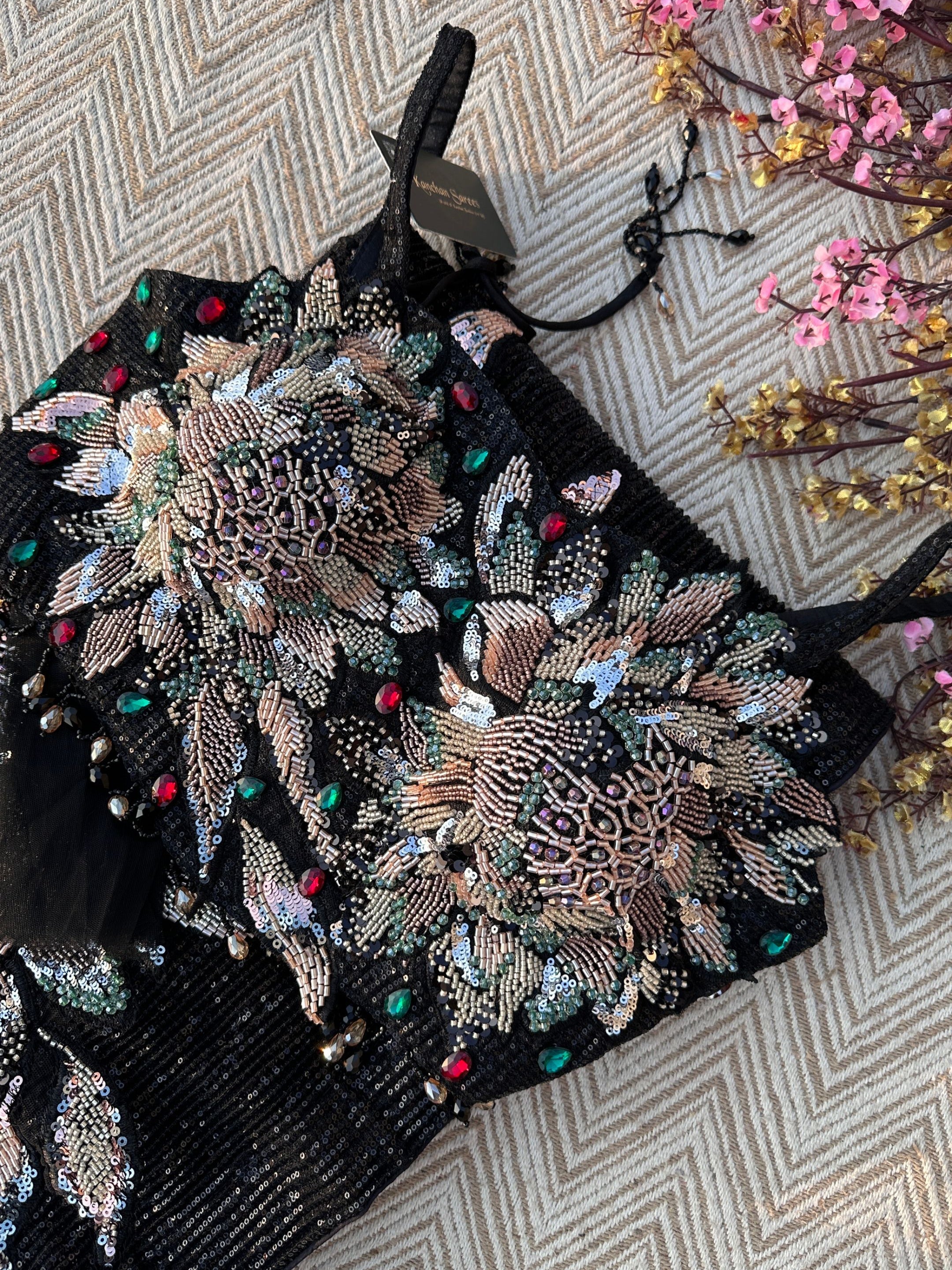 Black Lycra Saree with Blouse with Cutdana, Sequins and Stone Embroidery 2