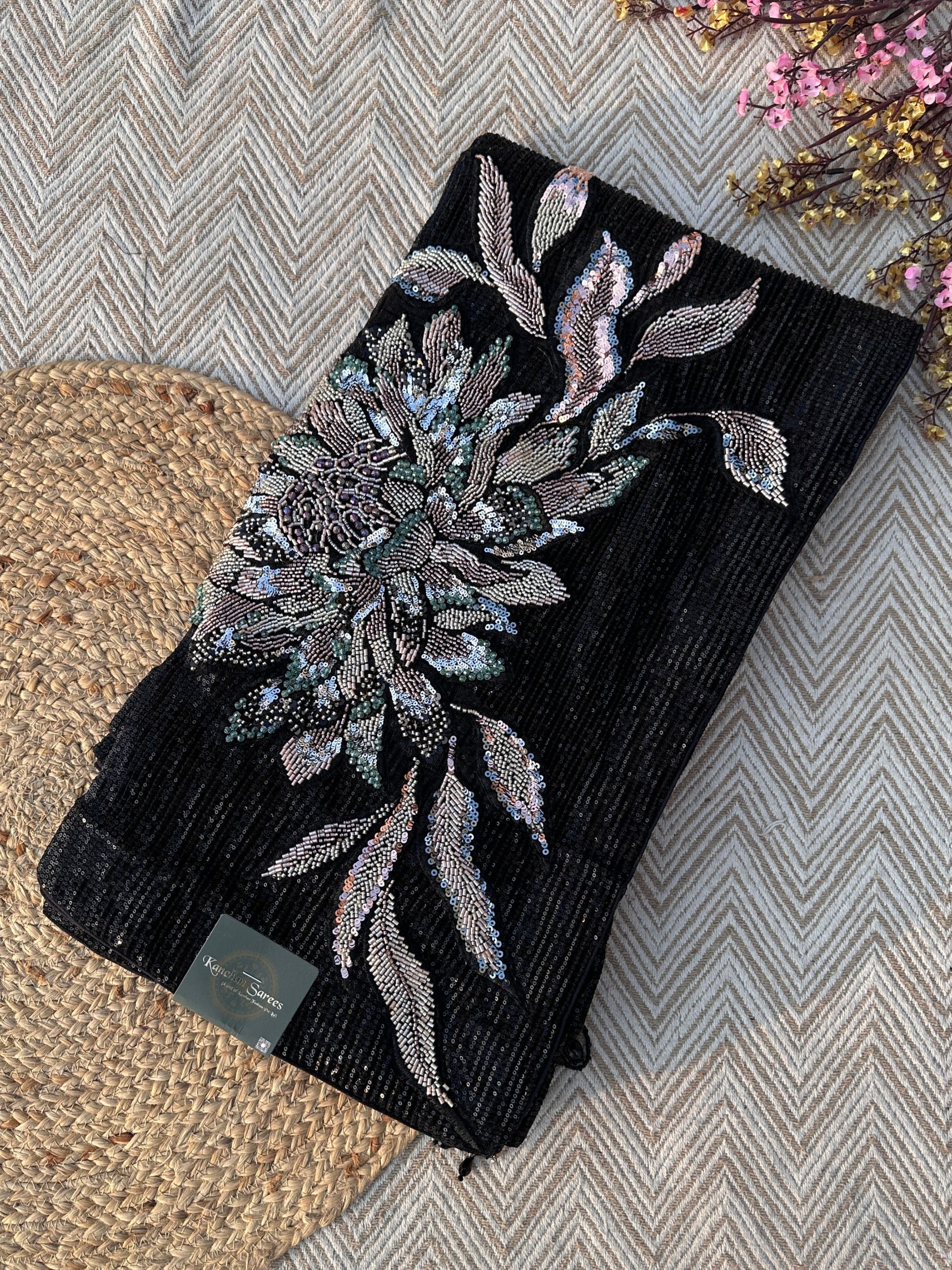 Black Lycra Saree with Blouse with Cutdana, Sequins and Stone Embroidery 4