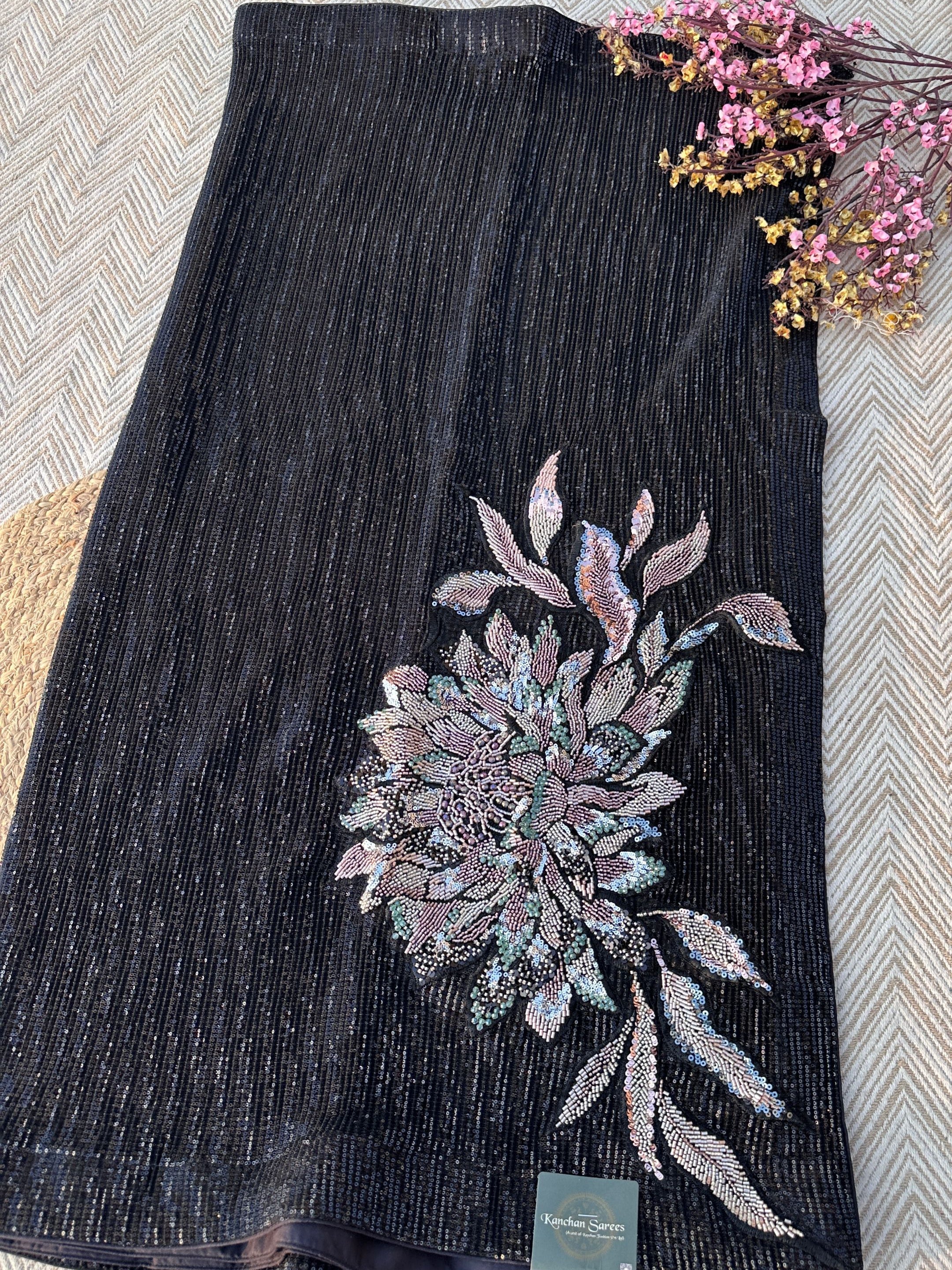 Black Lycra Saree with Blouse with Cutdana, Sequins and Stone Embroidery 7