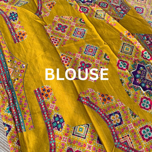 Mustard Satin Unstitched Saree Embellished With Zari, Sequins & Jaipuri Print Work
