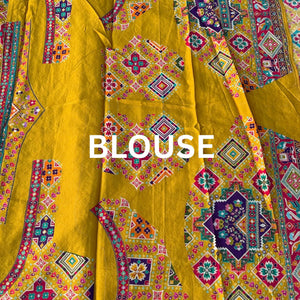 Mustard Satin Unstitched Saree Embellished With Zari, Sequins & Jaipuri Print Work