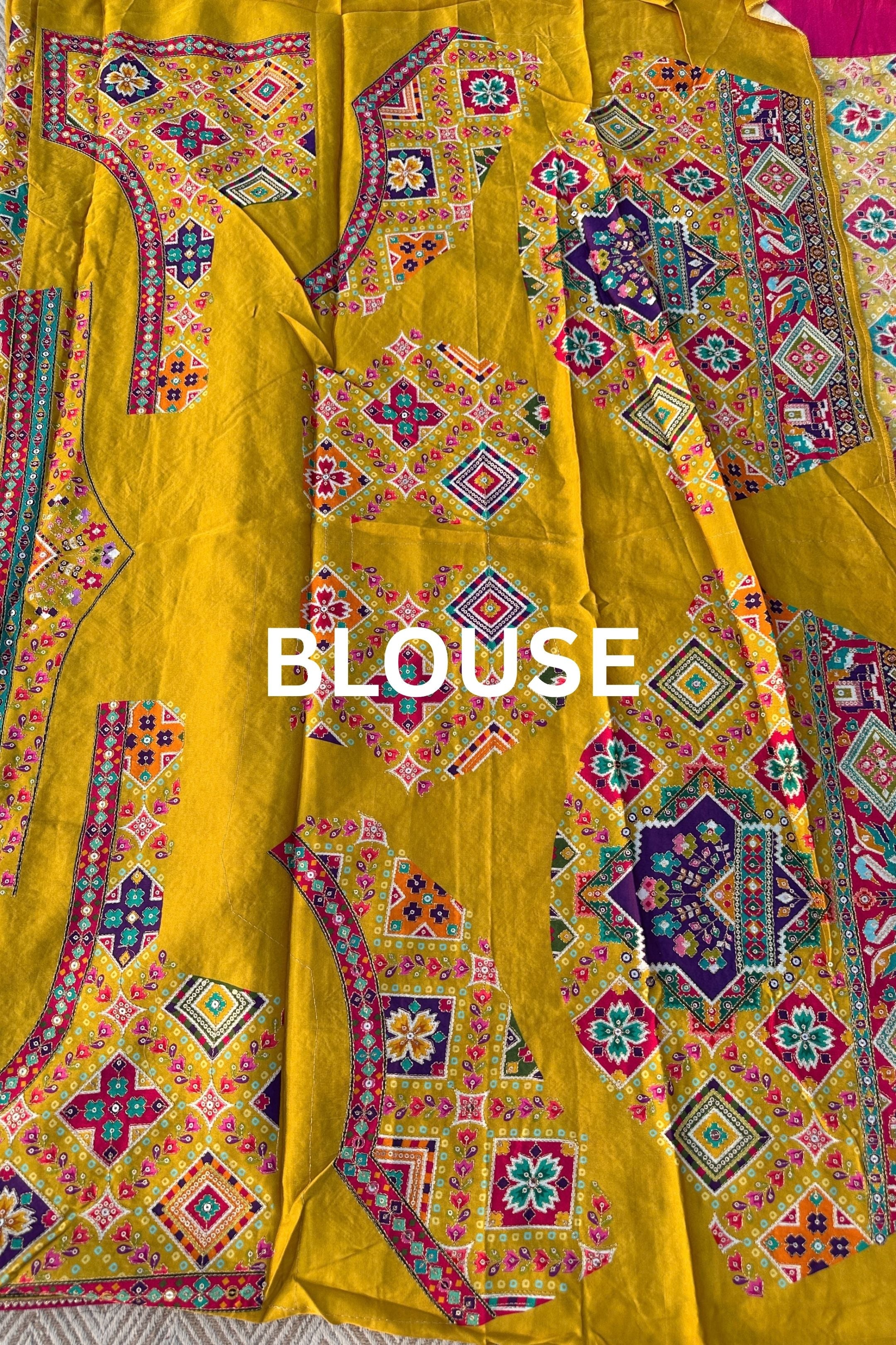 Mustard Satin Unstitched Saree Embellished With Zari, Sequins & Jaipuri Print Work