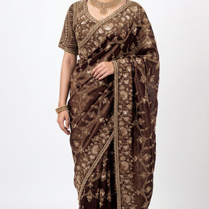 Coffee Tissue Saree Embellished With Cut Dana, Stone, Sequins & Pearl Work