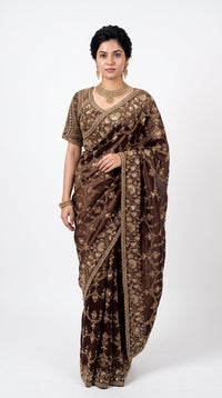 Coffee Tissue Saree Embellished With Cut Dana, Stone, Sequins & Pearl Work