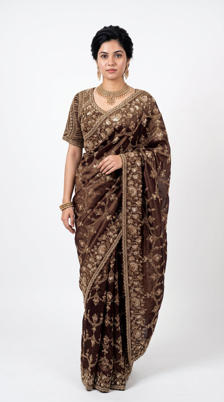 Coffee Tissue Saree Embellished With Cut Dana, Stone, Sequins & Pearl Work