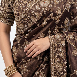 Coffee Tissue Saree Embellished With Cut Dana, Stone, Sequins & Pearl Work