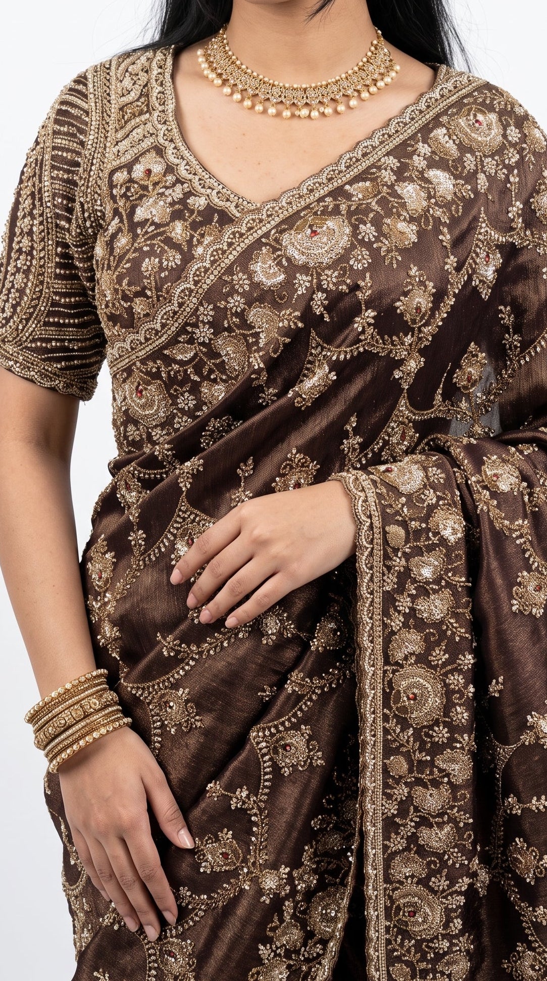 Coffee Tissue Saree Embellished With Cut Dana, Stone, Sequins & Pearl Work