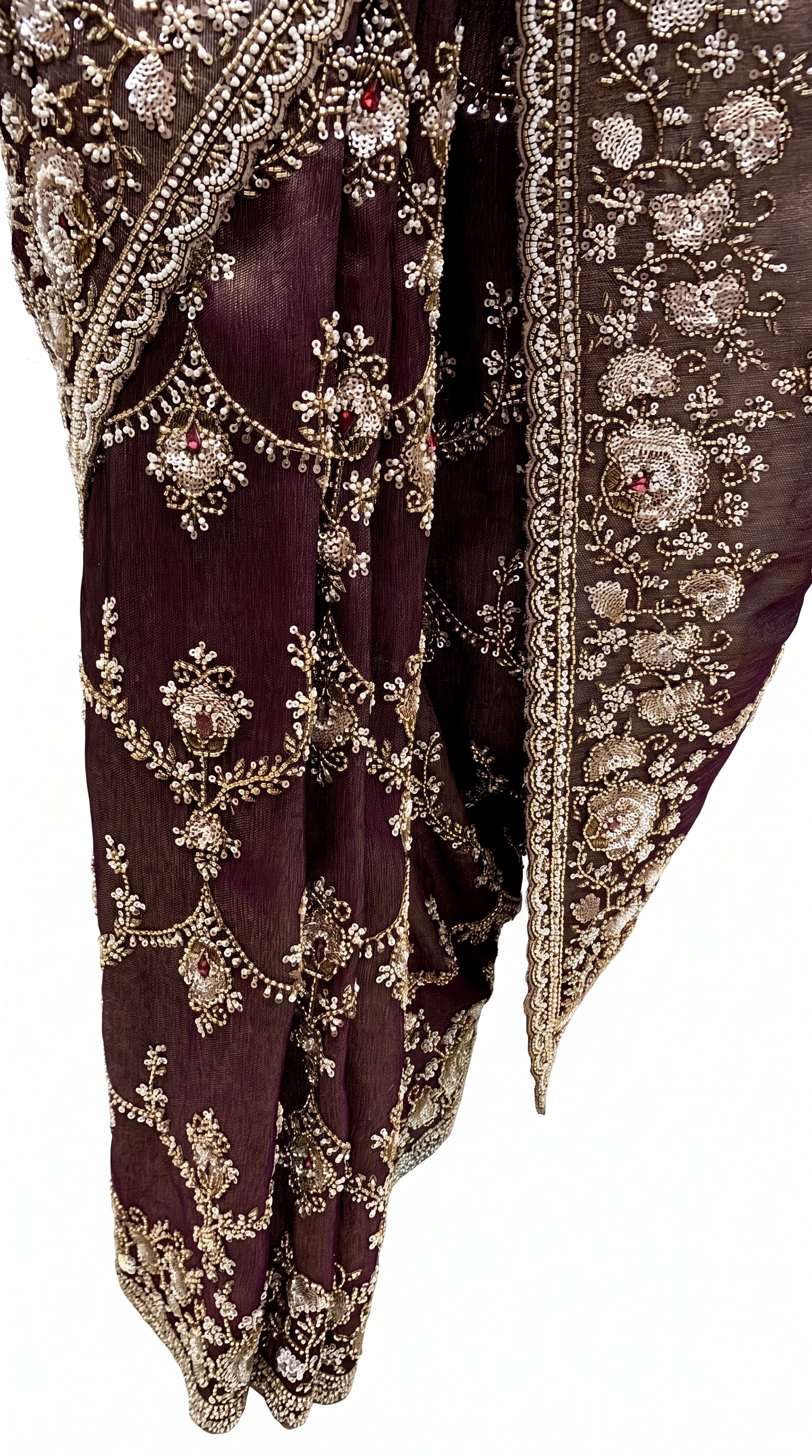 Coffee Tissue Saree Embellished With Cut Dana, Stone, Sequins & Pearl Work