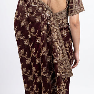 Coffee Tissue Saree Embellished With Cut Dana, Stone, Sequins & Pearl Work