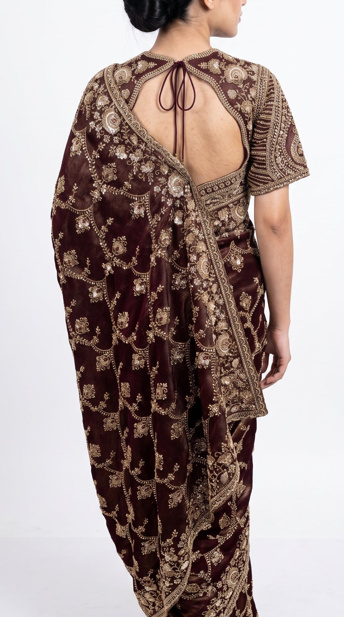 Coffee Tissue Saree Embellished With Cut Dana, Stone, Sequins & Pearl Work