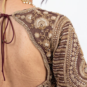 Coffee Tissue Saree Embellished With Cut Dana, Stone, Sequins & Pearl Work