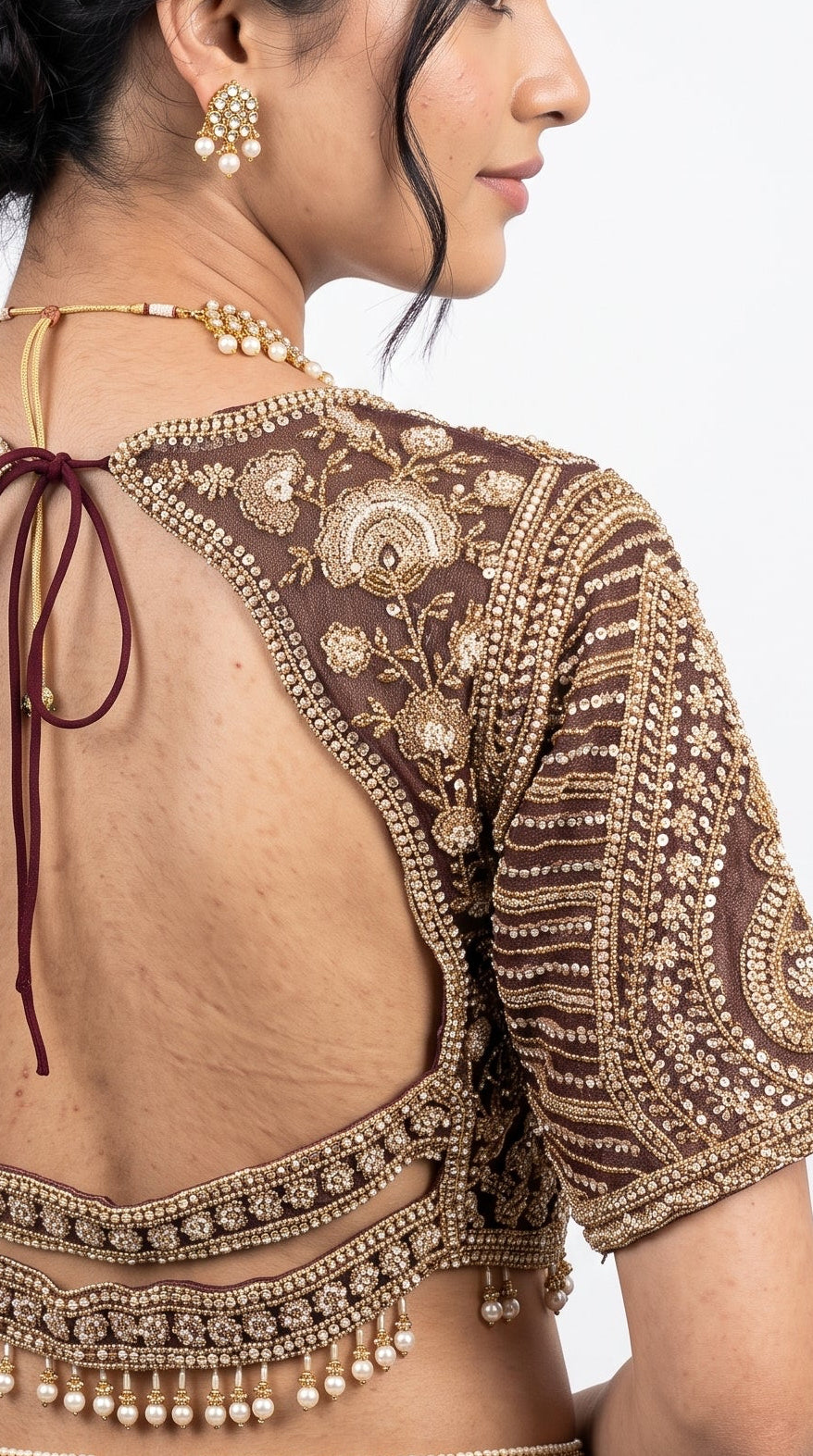 Coffee Tissue Saree Embellished With Cut Dana, Stone, Sequins & Pearl Work