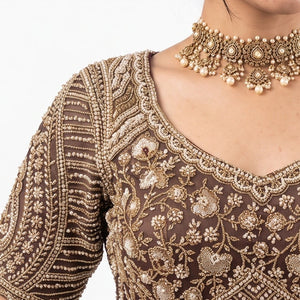 Coffee Tissue Saree Embellished With Cut Dana, Stone, Sequins & Pearl Work