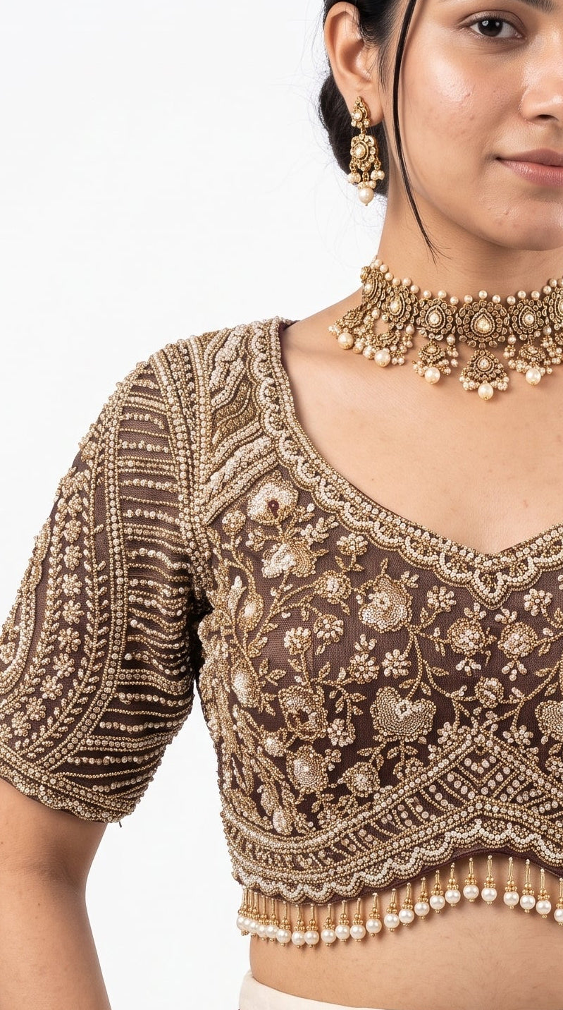 Coffee Tissue Saree Embellished With Cut Dana, Stone, Sequins & Pearl Work