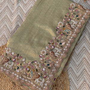 Green Brocade Unstitched Saree Embellished With Moti, Sequins, Cutdana, Thread& Jarkan Work