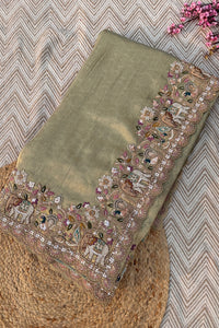 Green Brocade Unstitched Saree Embellished With Moti, Sequins, Cutdana, Thread& Jarkan Work