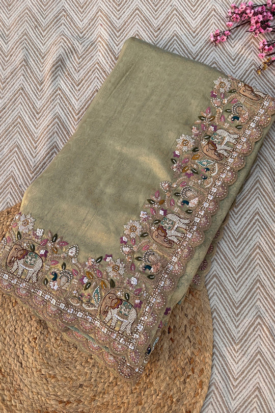 Green Brocade Unstitched Saree Embellished With Moti, Sequins, Cutdana, Thread& Jarkan Work