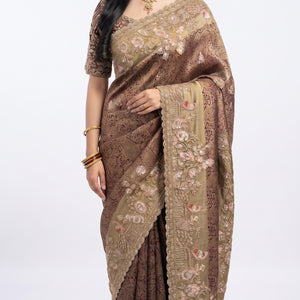 Wine Tissue Saree Embellished With Cut Dana, Sequins & Moti Work