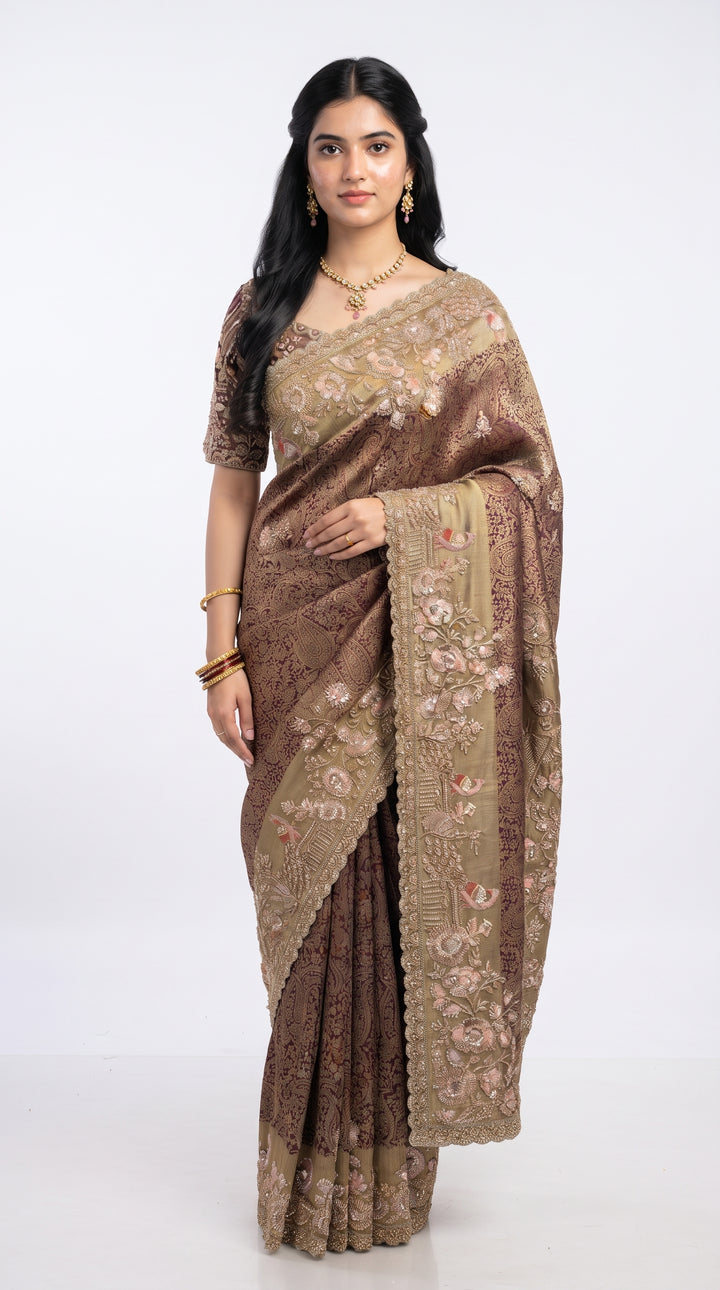 Wine Tissue Saree Embellished With Cut Dana, Sequins & Moti Work
