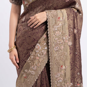 Wine Tissue Saree Embellished With Cut Dana, Sequins & Moti Work