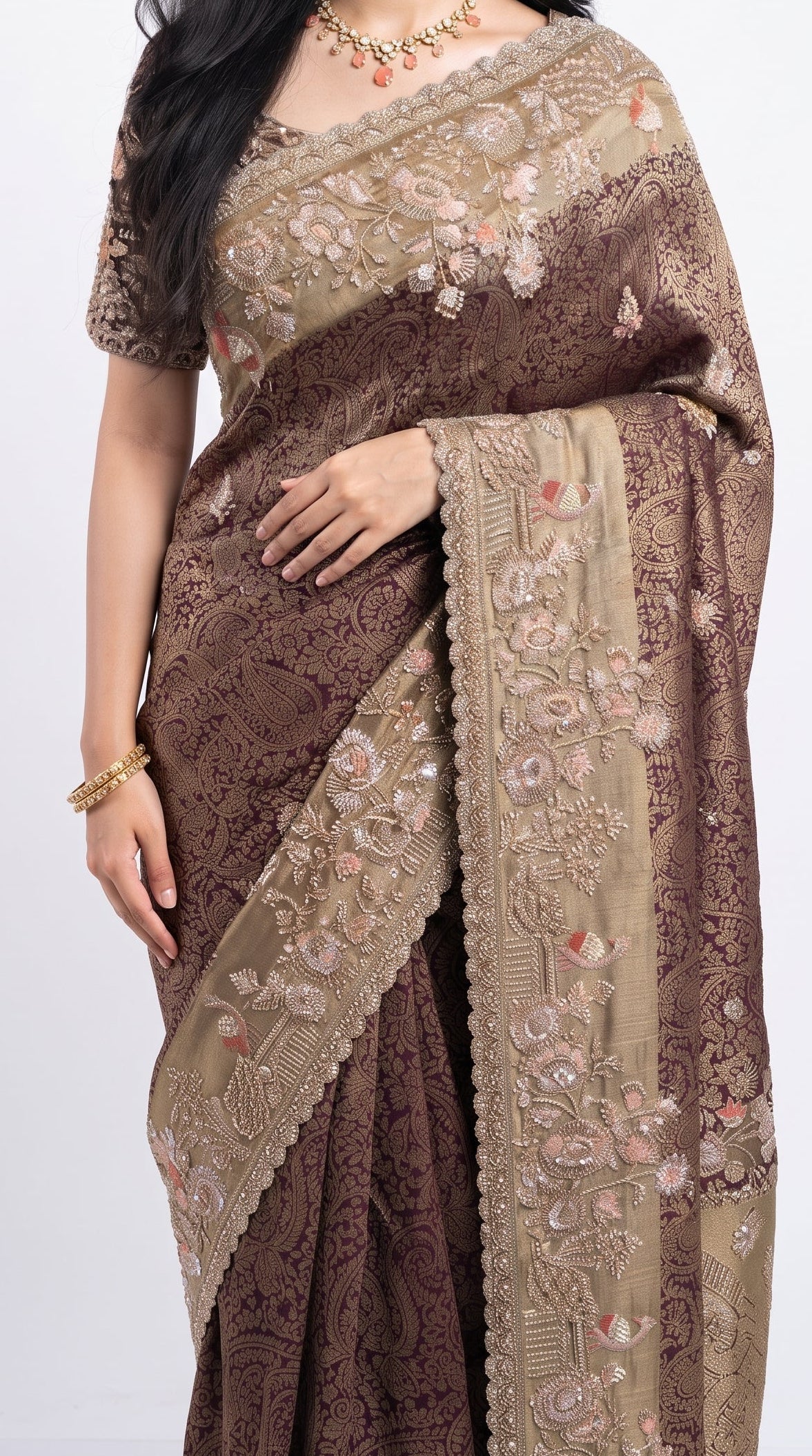 Wine Tissue Saree Embellished With Cut Dana, Sequins & Moti Work