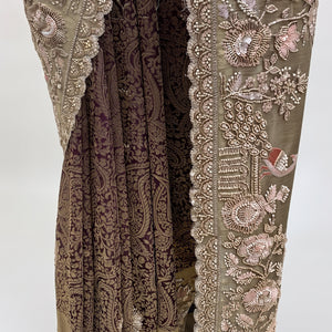 Wine Tissue Saree Embellished With Cut Dana, Sequins & Moti Work