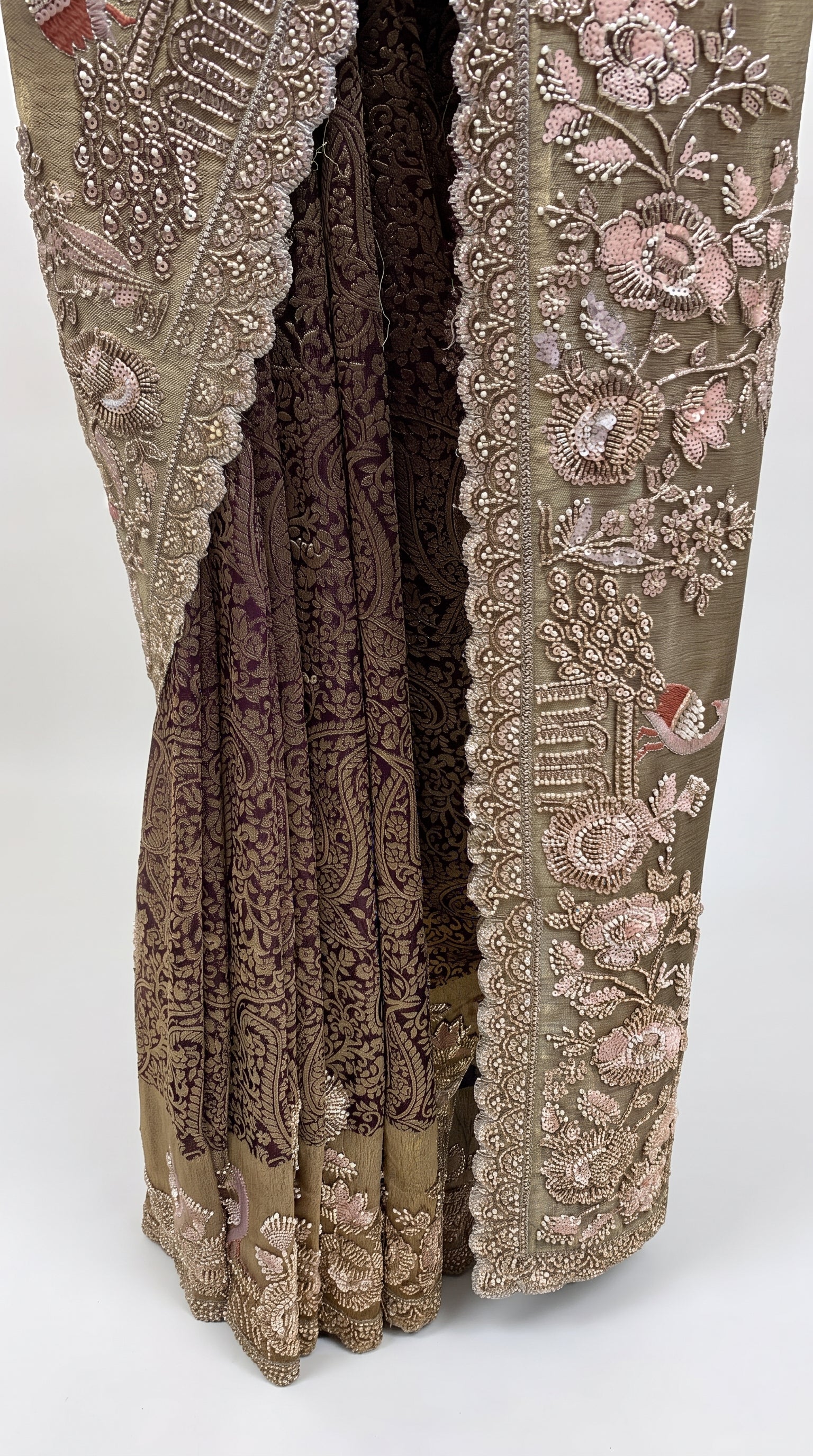 Wine Tissue Saree Embellished With Cut Dana, Sequins & Moti Work