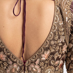 Wine Tissue Saree Embellished With Cut Dana, Sequins & Moti Work