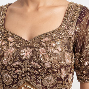 Wine Tissue Saree Embellished With Cut Dana, Sequins & Moti Work