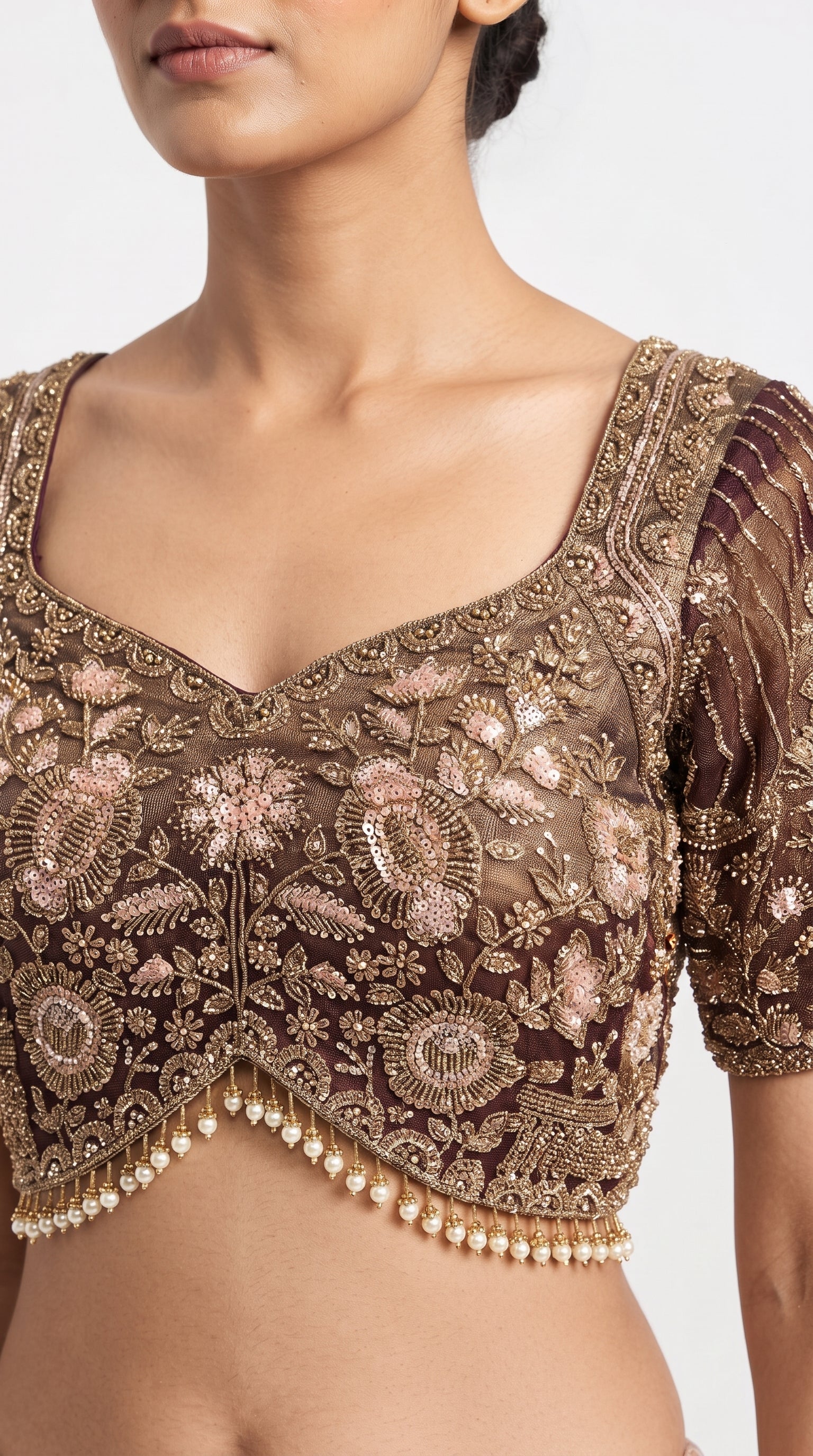 Wine Tissue Saree Embellished With Cut Dana, Sequins & Moti Work