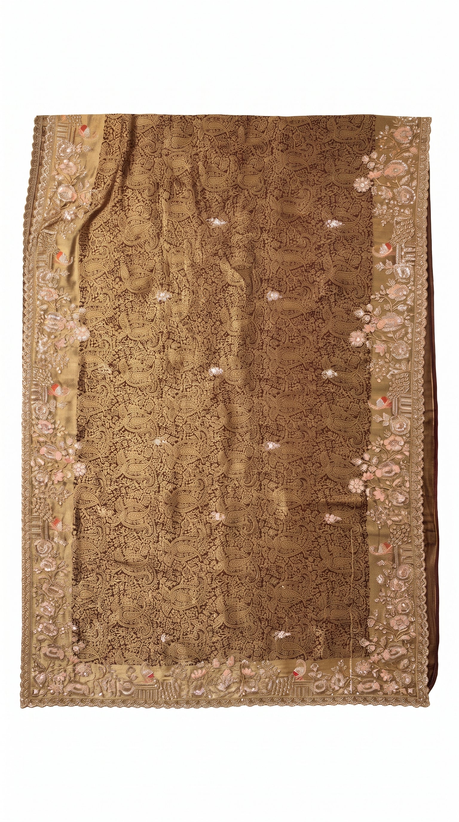Wine Tissue Saree Embellished With Cut Dana, Sequins & Moti Work
