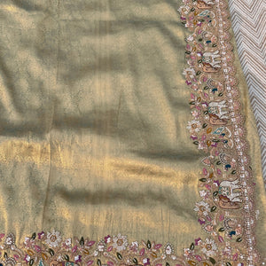 Green Brocade Unstitched Saree Embellished With Moti, Sequins, Cutdana, Thread& Jarkan Work
