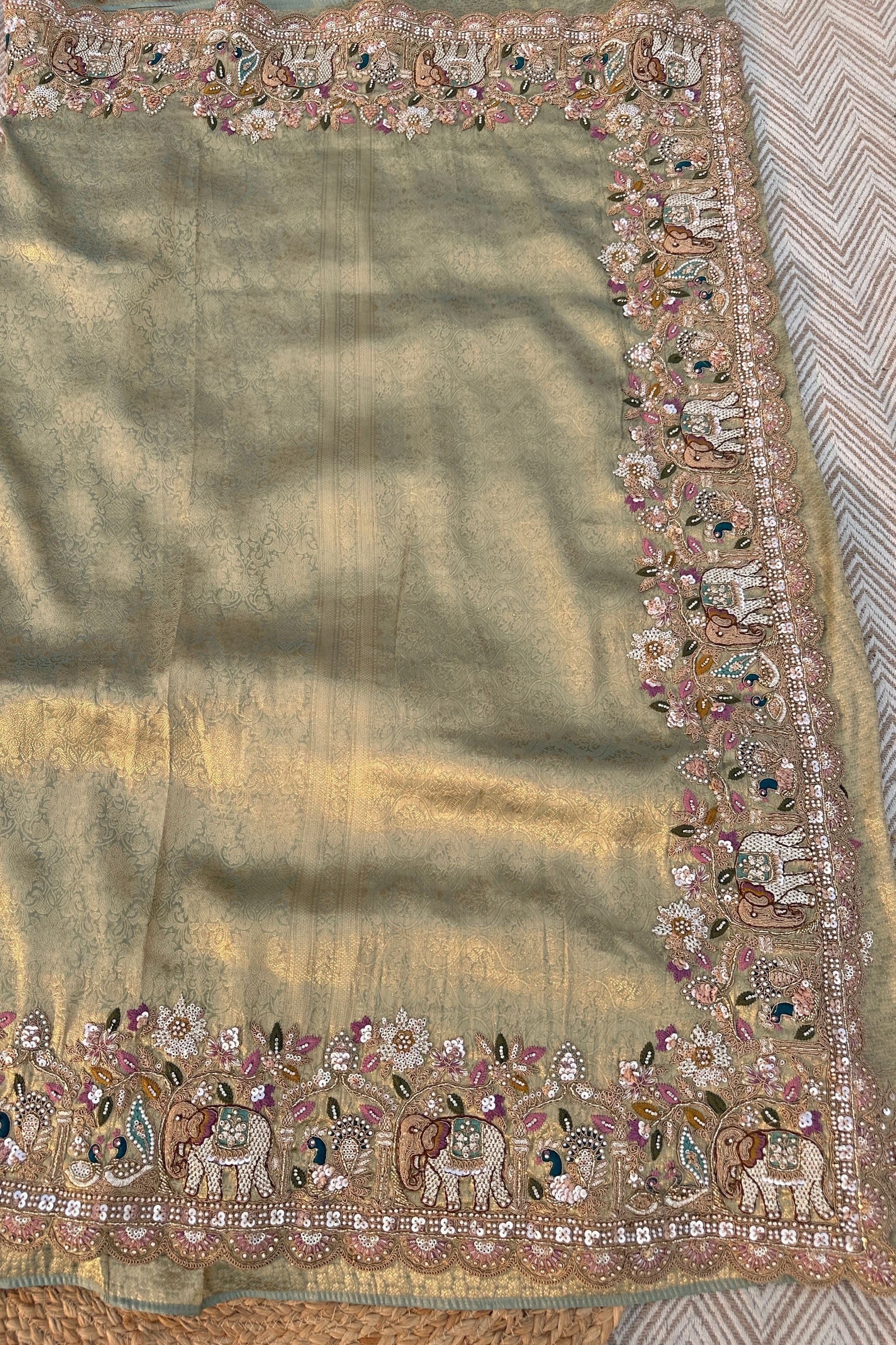 Green Brocade Unstitched Saree Embellished With Moti, Sequins, Cutdana, Thread& Jarkan Work