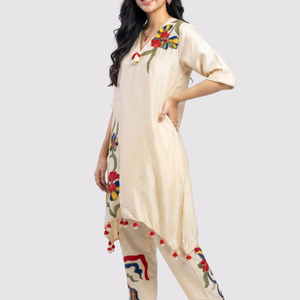 Beige Raw Silk Indo Western with Sequins, Pearl and Applique Embroidery 1