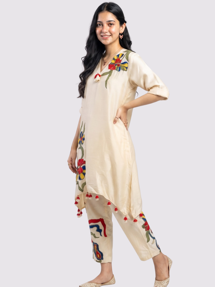 Beige Raw Silk Indo Western with Sequins, Pearl and Applique Embroidery 1
