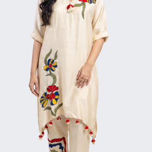 Beige Raw Silk Indo Western with Sequins, Pearl and Applique Embroidery 2