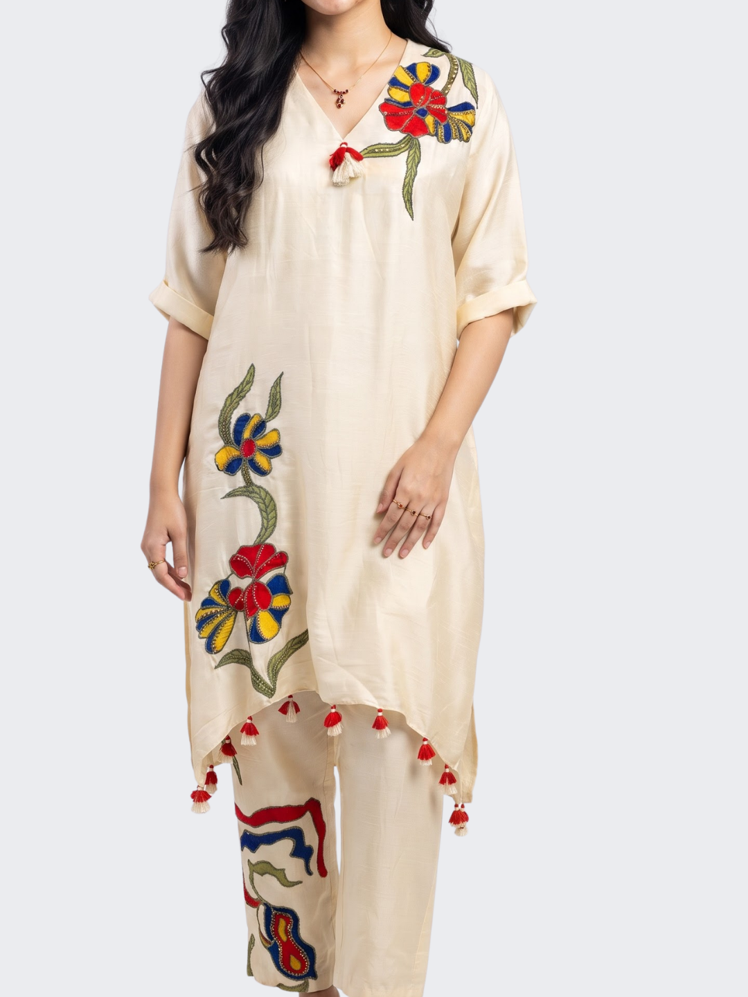 Beige Raw Silk Indo Western with Sequins, Pearl and Applique Embroidery 2
