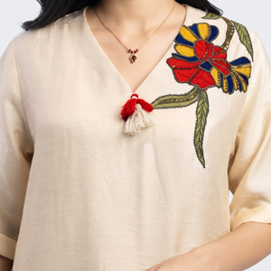 Beige Raw Silk Indo Western with Sequins, Pearl and Applique Embroidery 3